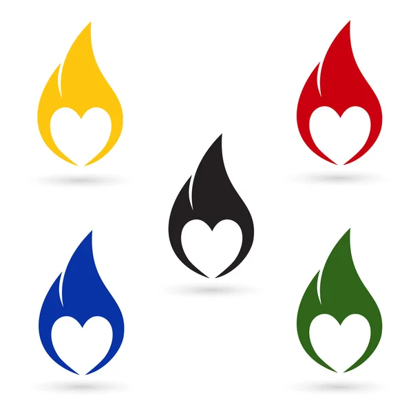 Icons of fire with heart silhouette — Stock Vector