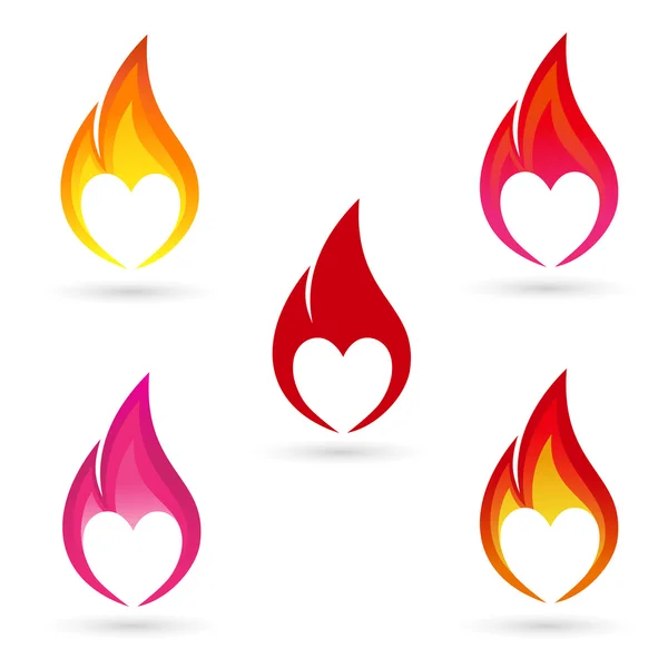 Icônes de feu avec silhouette de coeur — Image vectorielle