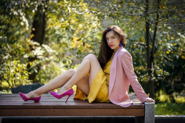 Sarı Elbiseli Pembe Ceketli Güzel Bir Kadının Sonbahar Portresi — Stok fotoğraf