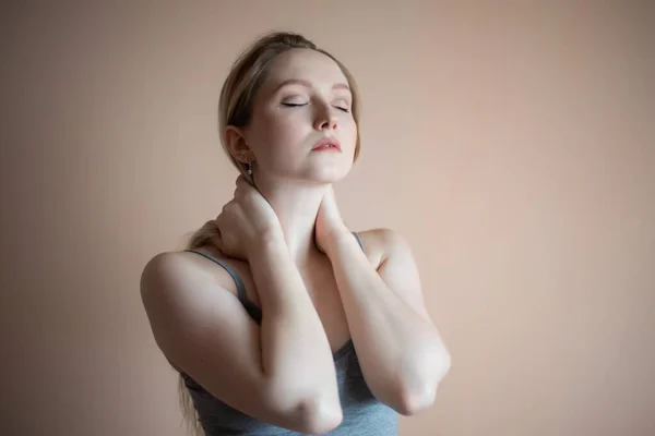 Graceful Young Woman Posing Beige Wall — Stock Photo, Image