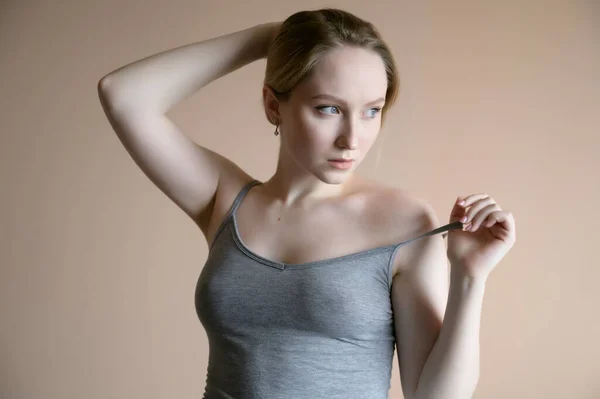 Graceful Young Woman Posing Beige Wall — Stock Photo, Image