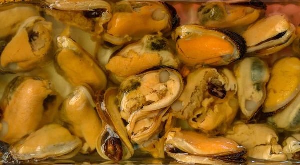 Mexilhões Óleo Frutos Mar Sãos Fundo Alimentar — Fotografia de Stock