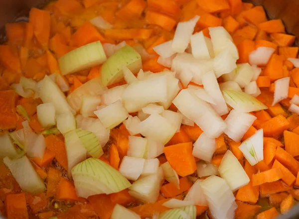 Frying Carrots Onions Pan — Stock Photo, Image