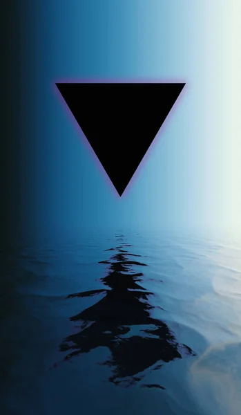 Dark triangle reflected in water surface, abstract background.