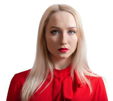 Mavi gözlü güzel bir genç kadının portresi. Beyazda izole edilmiş.