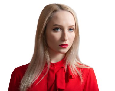 Mavi gözlü güzel bir genç kadının portresi. Beyazda izole edilmiş.