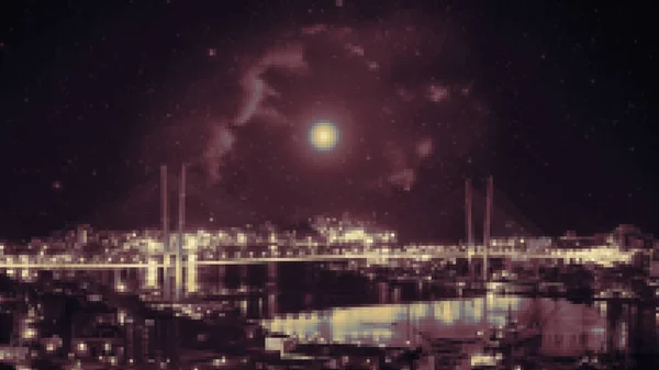 Stadtlandschaft Bei Nacht Mit Sternen Und Großem Nebel — Stockfoto