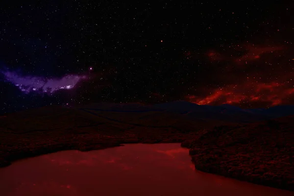 Landskap Med Stor Ljus Nebulosa Och Stjärnor — Stockfoto