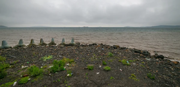 Пластиковые бутылки и другой мусор на берегу . — стоковое фото