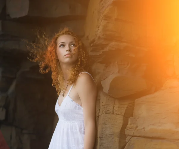 Redhead woman in a white dress. — Stock Photo, Image