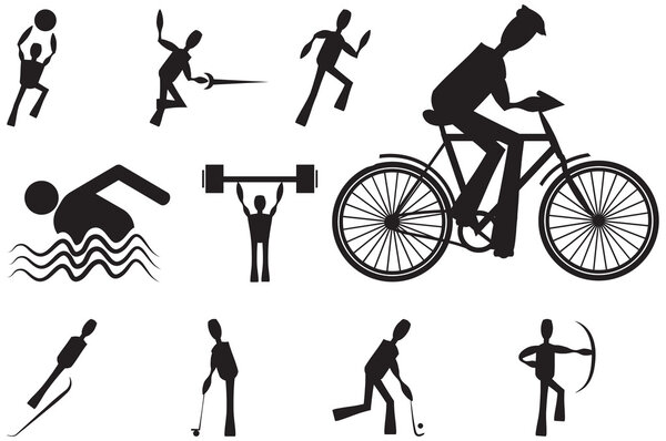 A set of sports and athlete icons in black vector