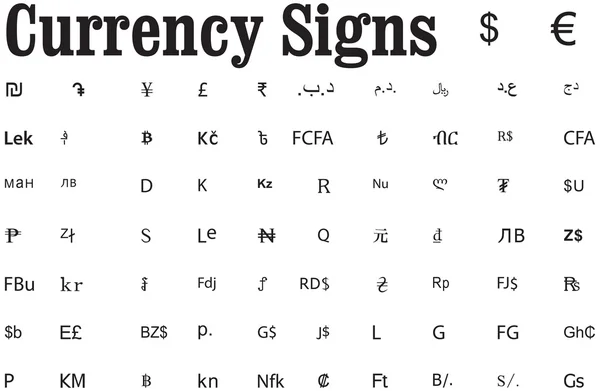 Símbolos de moneda que representan dinero en varios países — Vector de stock