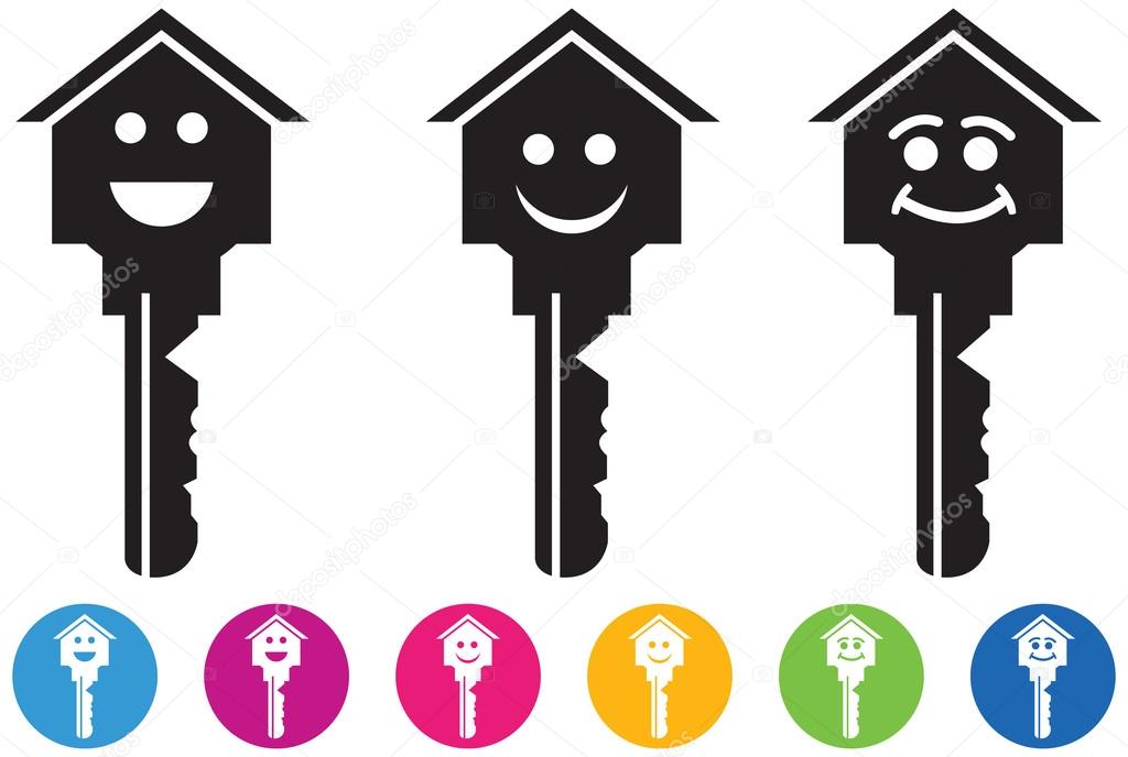 Vector of House and key icons and buttons set in smiley faces. The idea of design related with real estate, happiness and success etc. Keys to achieve.