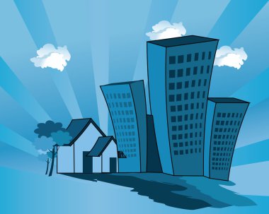 Bulutlar, güneş ışığı ve yollar ile bir şehirde vektör illüstrasyon kavramı bina ve konut evleri