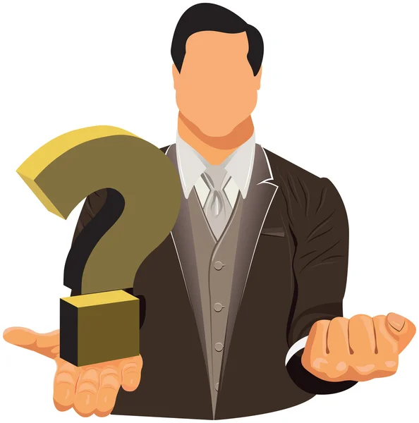 Diseño vectorial de hombre de negocios en traje con su mano abierta y cerrada como concepto de pregunta con signo de interrogación 3d — Archivo Imágenes Vectoriales