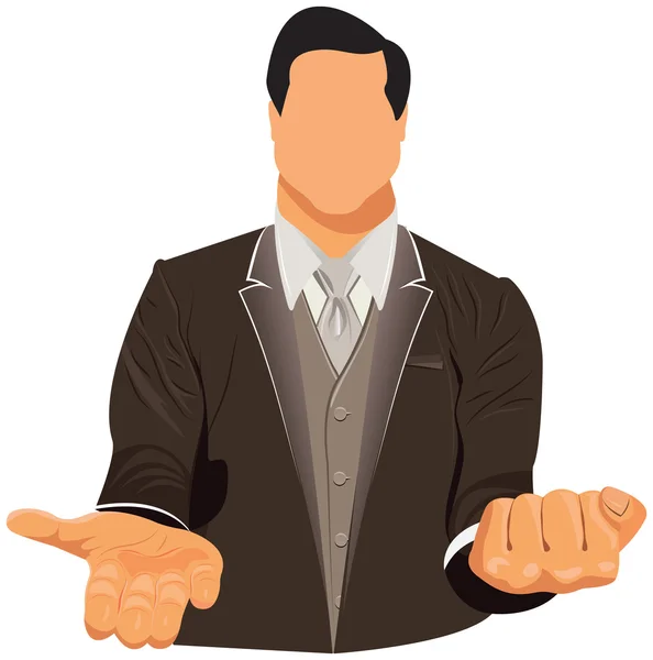 Diseño vectorial de hombre de negocios en traje con su mano abierta y cerrada — Vector de stock