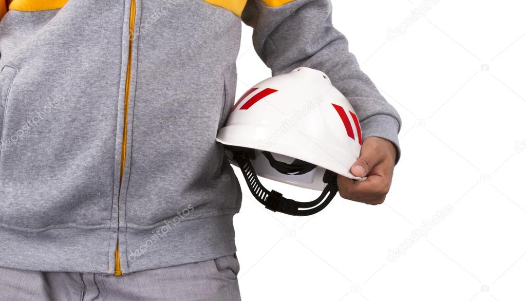 Man with white safety helmet isolated on white background.