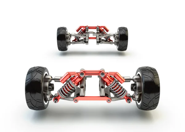 Front axle with suspension and sport gas absorbers isolated on w — Stock Photo, Image