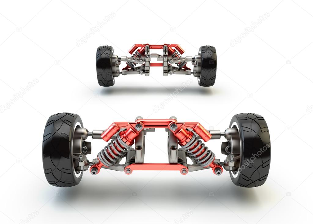 Front axle with suspension and sport gas absorbers isolated on w Stock