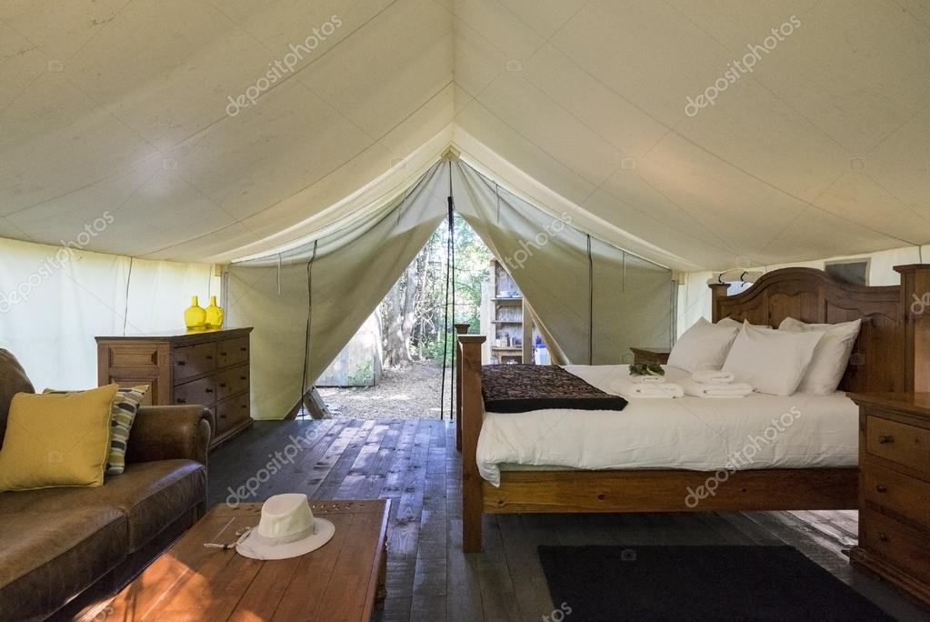 Interior Of A Large Luxury White Canvas Tent In The Woods