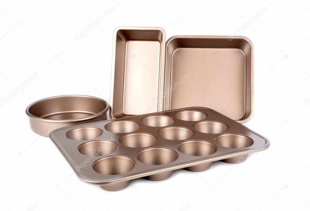 Gold Colored Non-Stick Bakeware Set Made with Carbon Steel Metal Isolated on White
