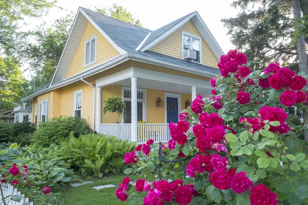 Gelbes Haus mit rosa Rosenstrauch davor Stockbild