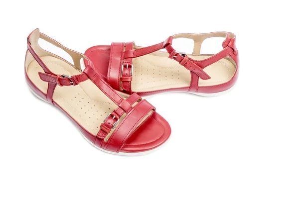 Women's Red Leather Sandals Isolated on White — Stock Photo, Image