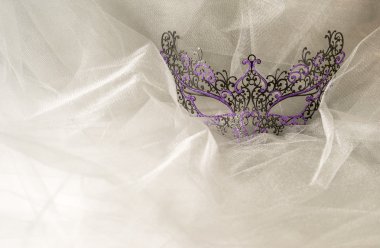 Gri tül kumaş üzerine renkli Venedik yüz maskesi