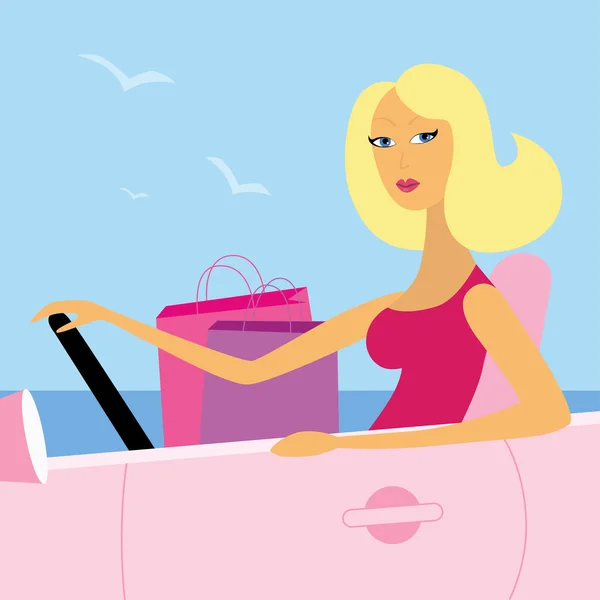 Girly Chick Driver dans une voiture convertible . Vecteur En Vente