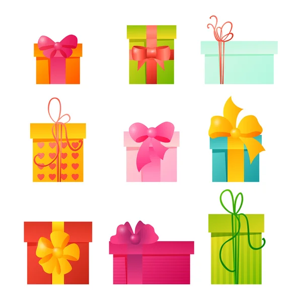 Conjunto de nueve coloridos iconos cajas de regalo — Vector de stock