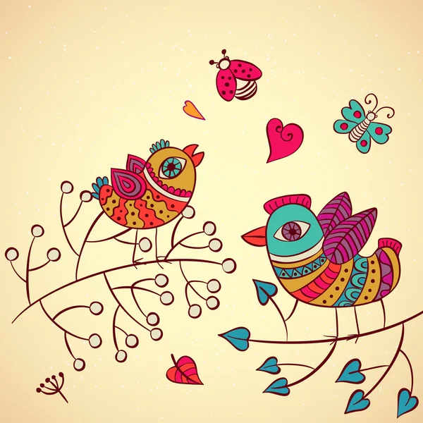 Aves de amor en la rama, ilustración vectorial — Vector de stock