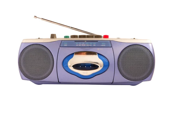 白い背景にアンテナで隔離された青のラジオカセットテープレコーダー — ストック写真