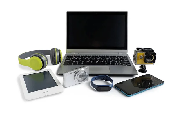 Computador Portátil Com Smartphone Câmera Leitor Ebook Outros Aparelhos Eletrônicos — Fotografia de Stock