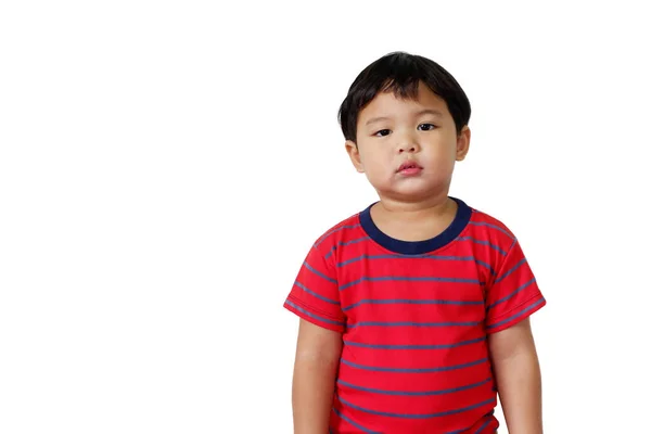 Bonito Ásia Menino Vestindo Brilhante Vermelho Listrado Shirt Branco Fundo — Fotografia de Stock