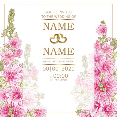 Düğün şablonu, romantik kadın çiçekleri, Hollyhocks çiçekleri.