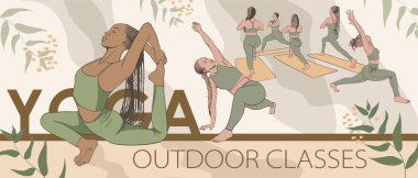 Güzel genç kızların silueti doğada yoga yapıyor, spor yapıyor ve dışarıda ısınıyor, dışarıda yazı yazıyor, yoga dersleri için logo hazırlıyor.