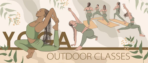 Güzel genç kızların silueti doğada yoga yapıyor, spor yapıyor ve dışarıda ısınıyor, dışarıda yazı yazıyor, yoga dersleri için logo hazırlıyor.