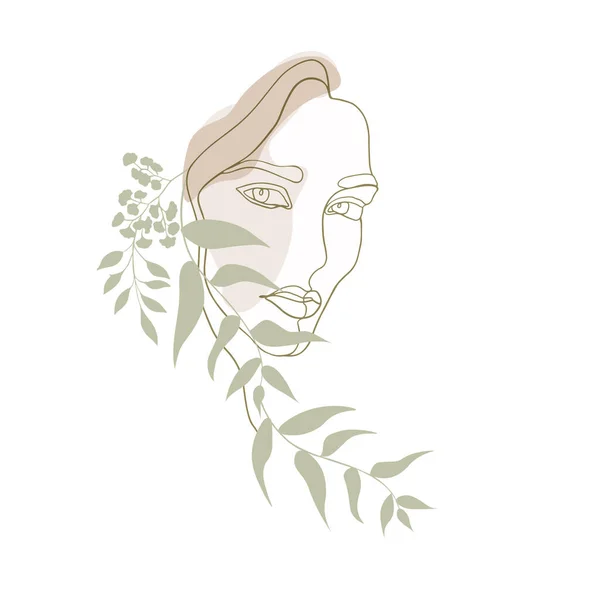 木の枝を持つファンタジー植物スタイルの抽象的な女性の肖像画 ソーシャルメディアの物語やブロガーのためのテンプレート 美容室のためのシンプルなスタイリッシュなロゴ — ストックベクタ