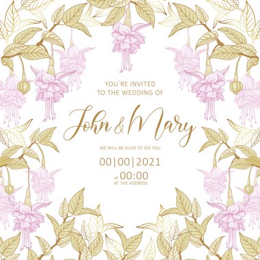 Düğün davetiyesi şablonu, romantik kadın çiçek kartı, soluk pembe çiçekli soluk pembe arka planda çizgi çizilmiş dallar, düzenlenebilir vektör, aşk konsepti, güzellik, ambalaj