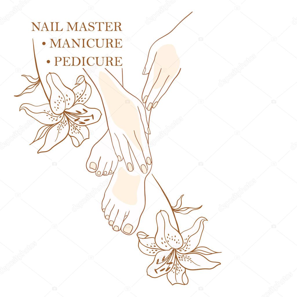 Manicure master, pedicure, business card, simple stylish icons for beauty spa, foot care, medical massage and foot care. Design templates for social media stories and bloggers - simple, stylish logo.