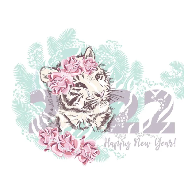 Año Nuevo Del Tigre 2022 Tigre Con Una Corona Rosas — Vector de stock