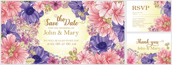 Шаблон Запрошення Весілля Літні Квіти Романтична Жіноча Квіткова Листівка Змінений — стоковий вектор