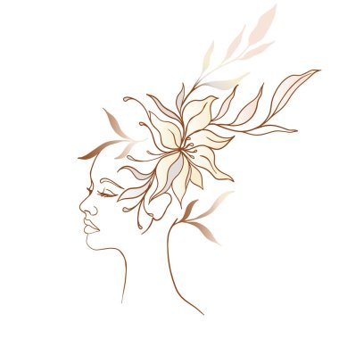 Vektör portresi, kadınlar el çizimi çiçekler, sosyal medya hikayeleri ve blog yazarları için tasarım şablonları - güzellik salonları için basit, şık bir logo, ambalaj.