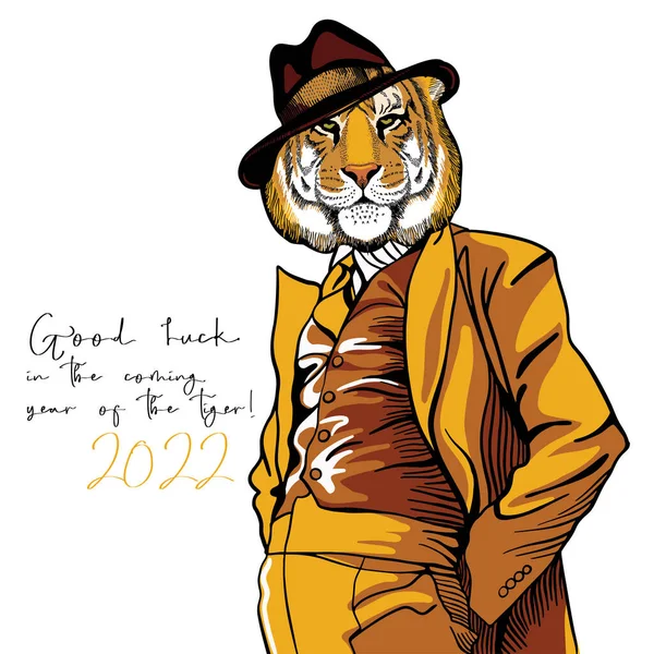 Tiger Fashionable Suit Hat Character Souvenirs Print Fabric Banner Postcard — Stock Vector