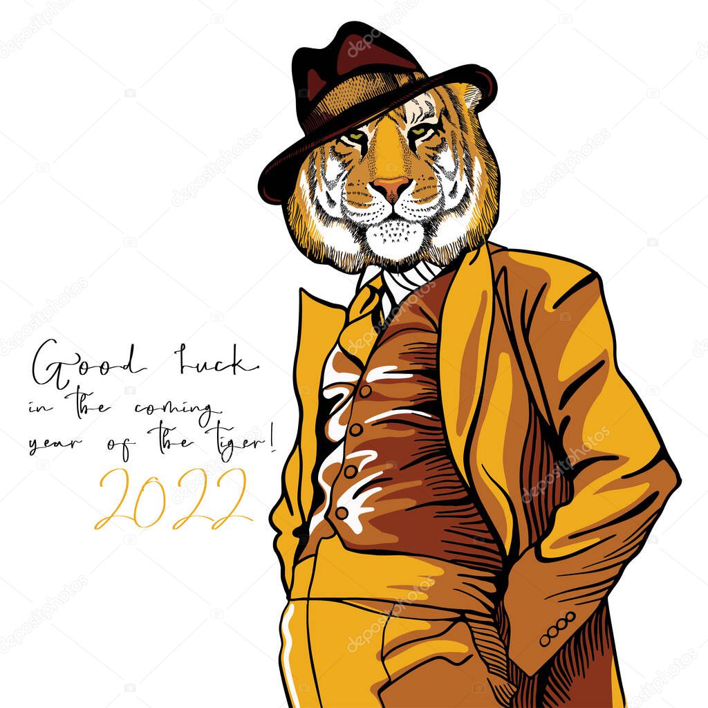 Tiger in fashionable suit and hat, character for souvenirs print on fabric, banner, postcard, happy new year 2022.