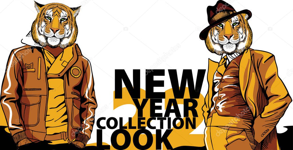 Tiger in trendy clothes banner for fashion mens clothing store