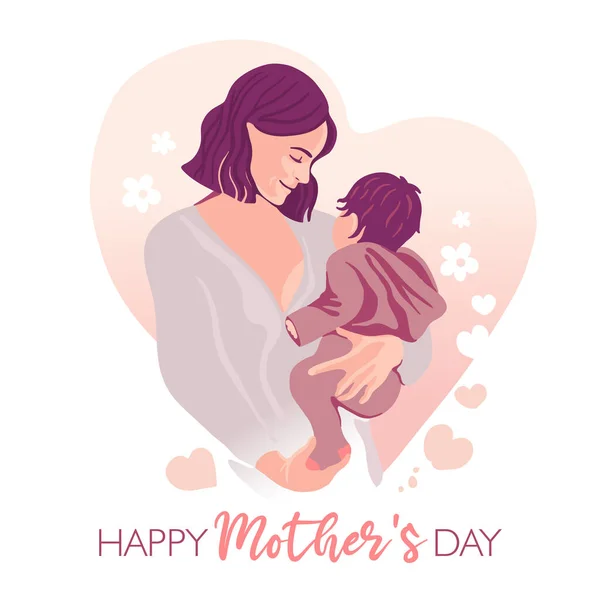 Young Mother Holds Her Son Care Love Happy Mother Day — Stock Vector