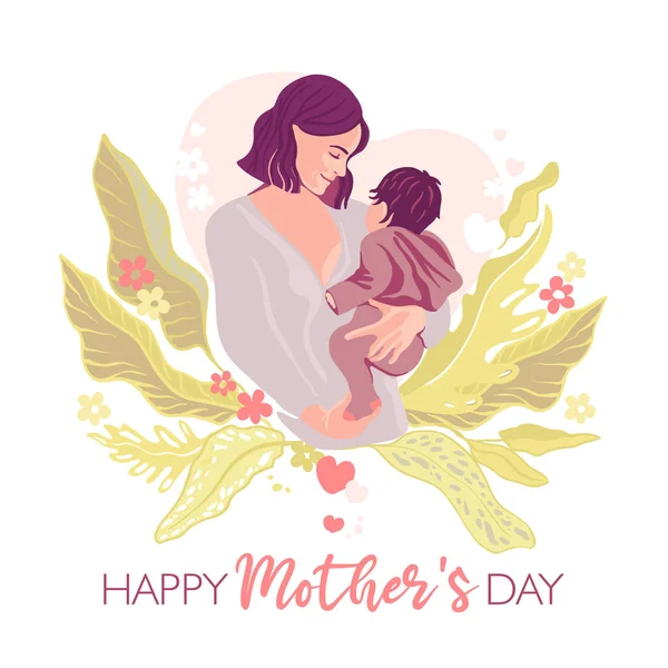Mladá Matka Drží Svého Syna Láskou Péčí Šťastný Den Matek — Stockový vektor