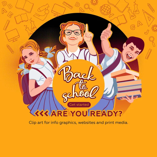 Vissza Suliba Plakát Zászló Aranyos Iskolások Egy Copfos Lány Iskolai — Stock Vector