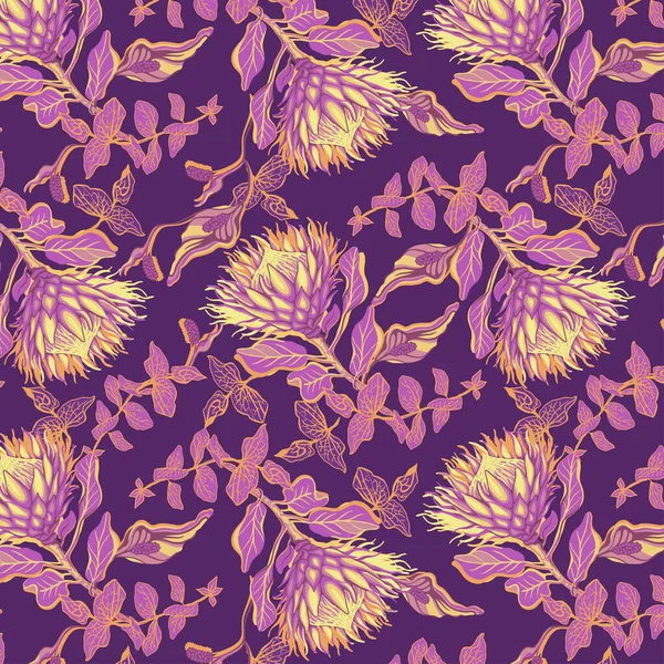 Protea Flowers Seamless Pattern Trendy Exotic Background Vector Illustration Suitable — Stock Vector
